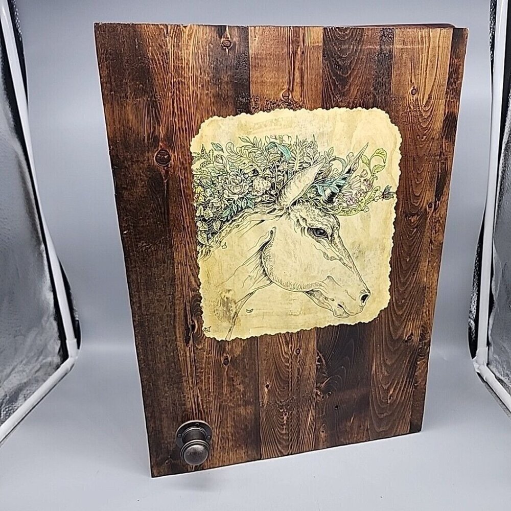 Folk Art Unicorn Decoupage 17” x 12.5” X 3.5" Wall Box Wood VTG Homemade